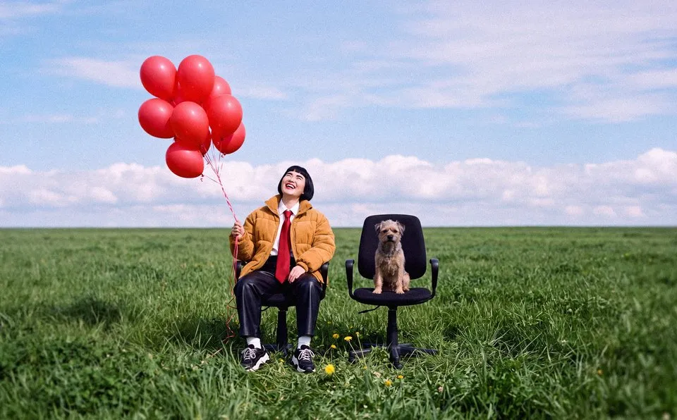 Iemand met rode ballonnen en een hond op bureaustoelen in een weiland